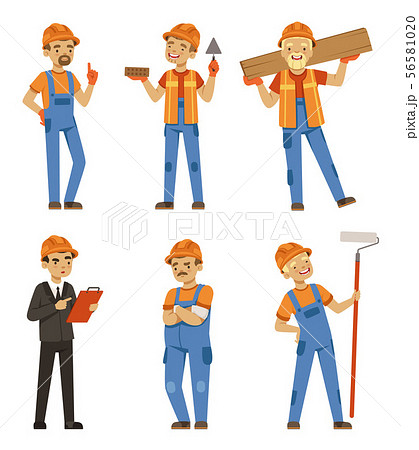 Mascot design of builders in different action poses. Industrial workers in specific uniform. Vector 56581020