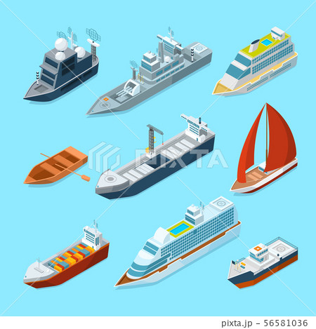 Isometric passenger sea ships and different boats in port. Marine illustrations 56581036