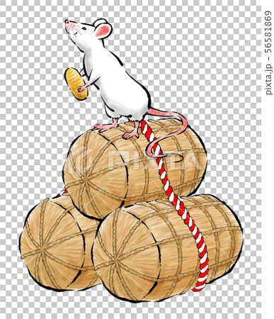 年賀状素材　子年　２０２０年　ねずみと米俵　筆タッチ 56581869