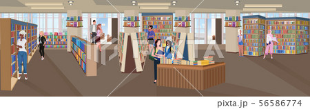 mix race people reading books men women visiting bookstore with bookshelves modern library interior 56586774