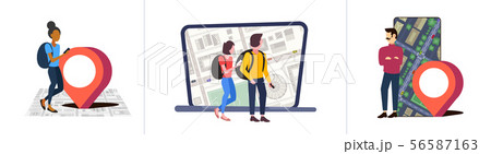 set people using navigation app with location marker gps position on city urban map with buildings 56587163