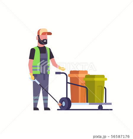 man janitor gathering trash with iron stick male cleaner pushing trolley cart with rubbish bins 56587176