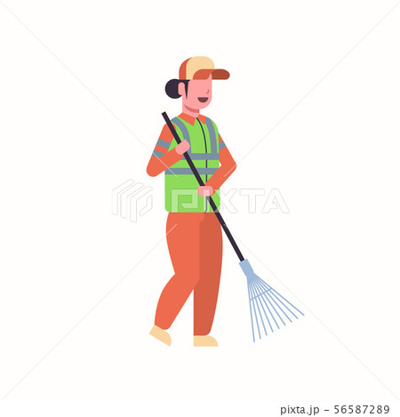 female street cleaner holding rake woman janitor sweeping raking garbage city streets service female street cleaner holding rake woman janitor sweeping raking garbage city streets service 56587289