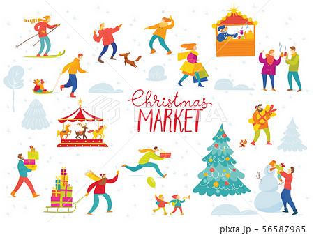 Cute Vector Christmas winter market design for holiday with shopping and active people 56587985