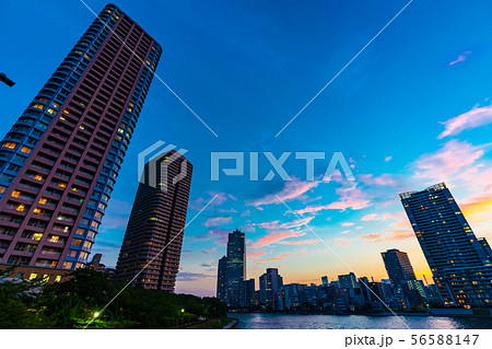 台風後の佃島周辺の高層マンションの夜景 56588147