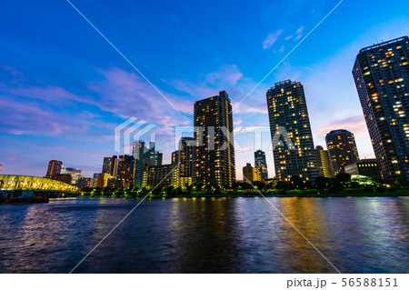 台風後の佃島周辺の高層マンションの夜景 56588151