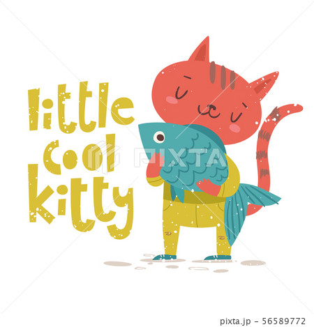 Vector Card Wuth Little Cool Kitty Lettering のイラスト素材