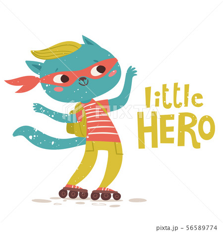 Vector card with Little hero lettering and cat character. 56589774