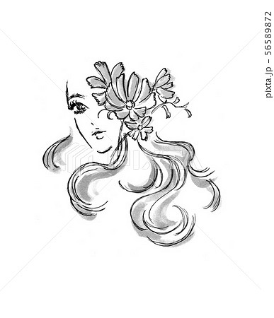 美女 人物 美人 女性 白黒 若い 綺麗 綺麗な きれいな 花 イメージ 顔 振り向く 秋桜のイラスト素材