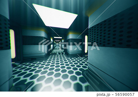 Futuristic Sci-Fi Spaceship Corridor 3D Illustrati 56590057