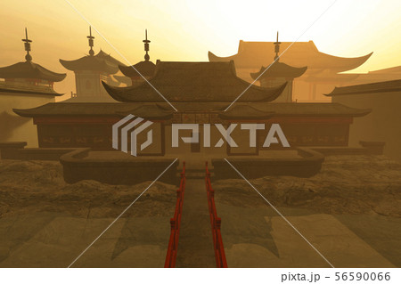 Chinese Inner Courtyard in the Sunset 3D Illustrat 56590066