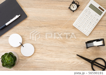 top view office stationery on wooden table with top view office stationery on wooden table with 56590191