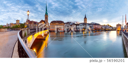 Zurich. Scenic view of the city and the embankment at dawn. Zurich. Scenic view of the city and the embankment at dawn. 56590201