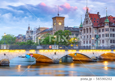 Zurich. Scenic view of the city and the embankment at dawn. Zurich. Scenic view of the city and the embankment at dawn. 56590202