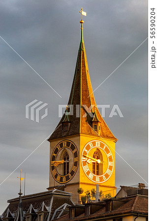 Zurich. Old medieval tower with a city clock. 56590204