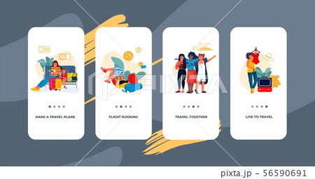 Travel onboard screen. Mobile app UI mockup with happy tourists, trendy cartoon men and women on 56590691