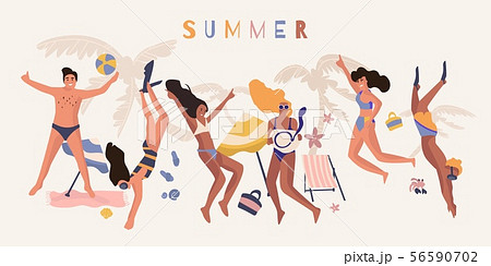 People beach banner. Happy friend on summer vacation cartoon poster, diverse young people on beach 56590702