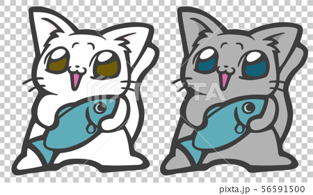 魚を持った猫のイラスト 白猫とグレーの猫 のイラスト素材