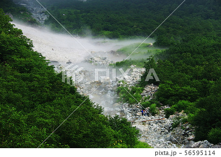 北アルプス笠ヶ岳への道 小池新道 朝靄に覆われる冷気の秩父沢出合 北アルプス笠ヶ岳への道 小池新道 朝靄に覆われる冷気の秩父沢出合 56595114