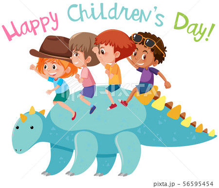 Four kids riding on blue dinosaur 56595454
