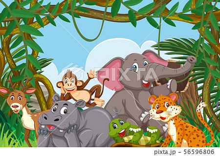 Cute Animals In Jungle Sceneのイラスト素材