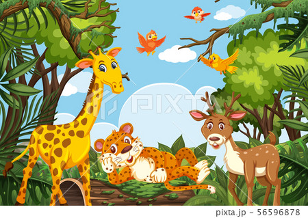 Cute Animals In Jungle Sceneのイラスト素材
