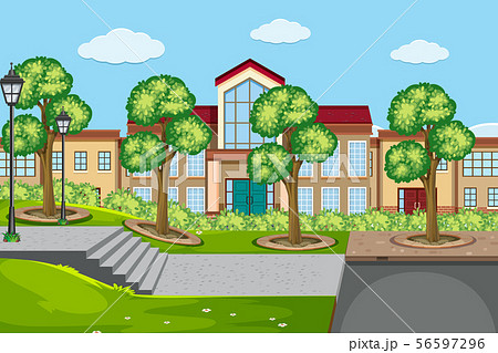 An outdoor scene with school building 56597296