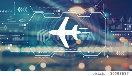 Airplane travel theme with blurred city lights 56598657
