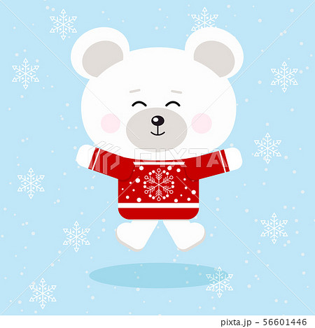 Isolated cute happy christmas polar bear in red sweater in snow background. 56601446