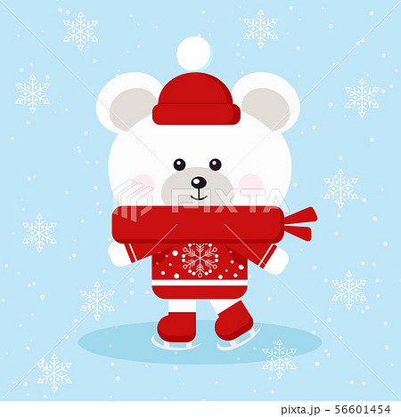 Isolated cute christmas polar bear with red sweater, scarf and hat skates on ice in snow background. 56601454