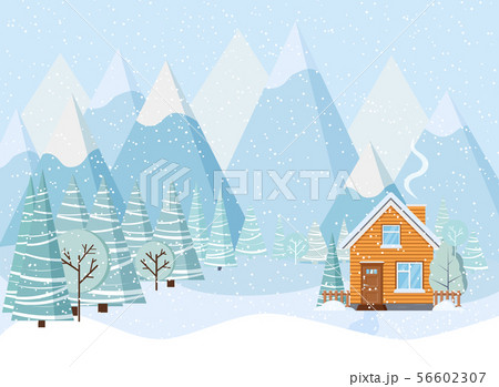 Beautiful Christmas winter landscape background with mountains, snow, trees, spruces, country house Beautiful Christmas winter landscape background with mountains, snow, trees, spruces, country house 56602307