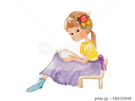 手描き水彩画 本を読む女の子のイラスト素材