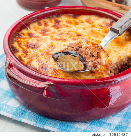 Greek dish moussaka made in a traditional ceramic 56612487