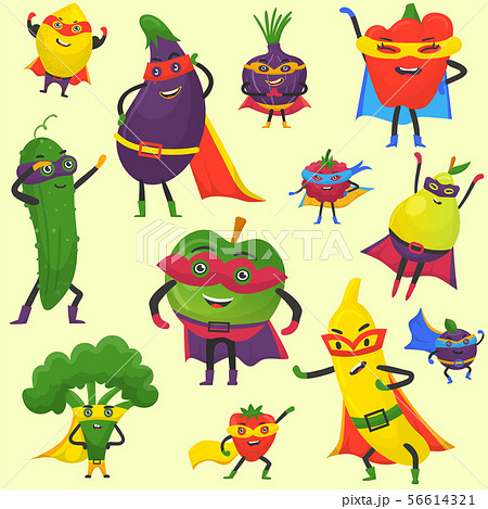 Superhero fruit and vegetables vector pattern. Super banana, eggplant with broccoli, onion, pepper Superhero fruit and vegetables vector pattern. Super banana, eggplant with broccoli, onion, pepper 56614321
