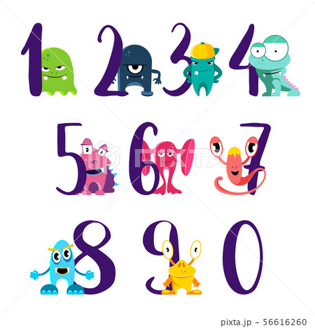Vector numbers for happy birthday with cute cartoon monsters isolated on white background 56616260