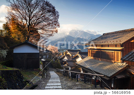 Magome juku town at sunrise in spring 56616956