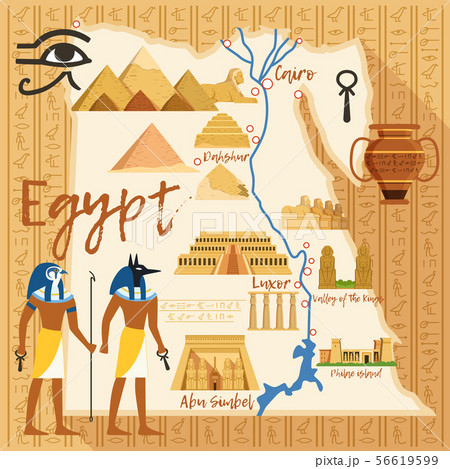 Stylized Map of Egypt with different cultural objects and landmarks Stylized Map of Egypt with different cultural objects and landmarks 56619599