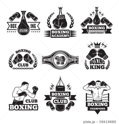 Monochrome labels set for boxing championship. Illustration of gloves and boxer Monochrome labels set for boxing championship. Illustration of gloves and boxer 56619880