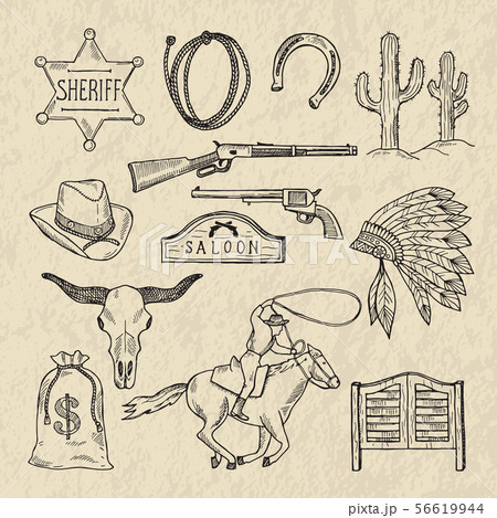Monochrome hand drawn illustrations of different wild west symbols. Western pictures set isolate 56619944