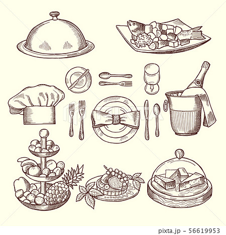 Foods on dishes. Monochrome pictures for design restaurant menu Foods on dishes. Monochrome pictures for design restaurant menu 56619953