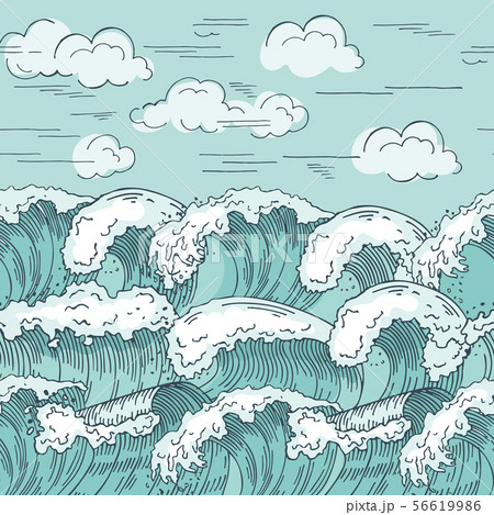 Ocean waves seamless pattern. Hand drawn vector illustrations background 56619986