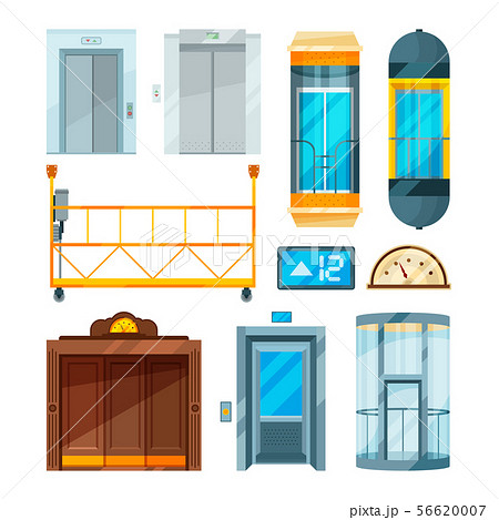 Set of different modern glass elevators. Vector pictures in cartoon style 56620007