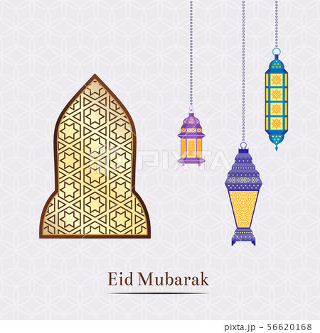 Vector Ramadan illustration with hanging lanterns and arabic motif window 56620168
