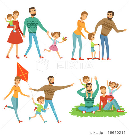 Happy family walking in park. Funny characters set in cartoon style 56620215