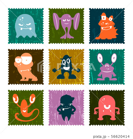 Set of retro postage stamp funny monsters. Vector set. 56620414