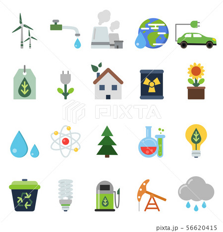 Different green symbols on the ecology theme. Vector icons set in flat style 56620415
