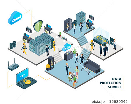 Telecommunications tools. Big datacenter with specific systems and cloud servers. Isometric 56620542