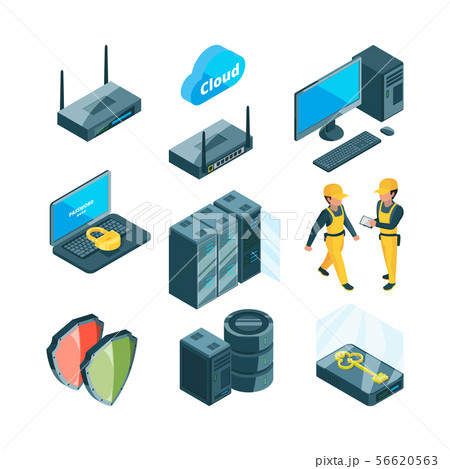 Isometric icon set of different electronic systems for datacenter 56620563
