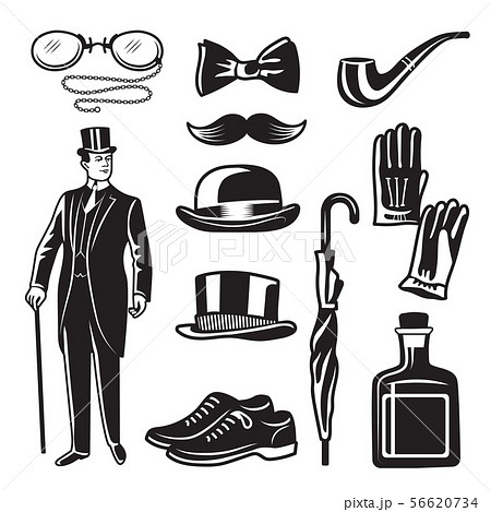 Victorian style monochrome illustrations for gentleman club. Vector pictures set 56620734