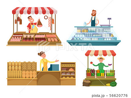 Local markets. Fresh farm foods, meat, bakery and milk. Shopping places isolated on white background Local markets. Fresh farm foods, meat, bakery and milk. Shopping places isolated on white background 56620776